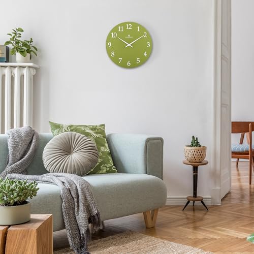 Lafocuse 12 Inch Wooden Olive Green Minimalist Wall Clock Battery Operated | Silent Non Ticking Green Clock White Numbers, Modern Simple Decorative Style for Living Room Decor Kitchen Bedroom Office - color: Olive Green