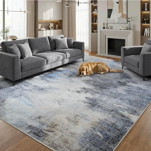 Modern Abstract Washable Area Rug for Bedroom 5x7, Soft Non-Slip | Low Profile Rugs for Living Room, Cool Floor Carpet for Mid-Century, Farmhouse, Vintage Home Decor, Misty Blue Beige Gray - color: Mineral Gray, size: 5' x 7' (Rectangular)