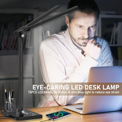 Dimmable LED Desk Lamp with USB Charging Port Bright 50 Lighting Modes | Dual Swing Arm Architect Table Lamp Light for Home Office Dorm Piano Nail