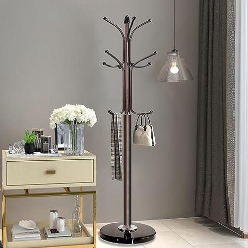 Kertnic Freestanding Coat Rack Stand, Heavy Duty Metal Hall Tree with 12 Hooks, 70 Inch Tall Stable Coat Hanger with 14.6" Natural Marble Base, Entryway Organizer for Coats Bags Hats Purses (Bronze) - color: Bronze