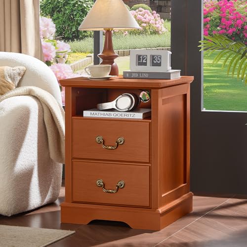 Farmhouse Night Stand with Charging Station, Caramel | 2 Drawers End Tables Bedroom, Bedside Table with Rustic Handles & Floor-Standing Thickened Foot & Open Shelf - color: Caramel, size: 18"D x 18"W x 24"H (2 Drawers)