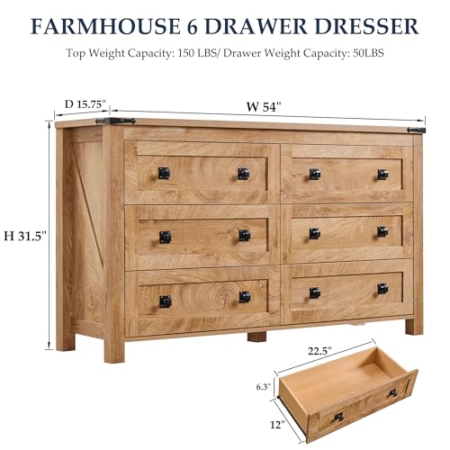 T4TREAM 54" Wide Farmhouse 6-Drawer Dresser for Bedroom, Light Knotty Oak | Rustic, Wood Storage Cabinet, Metal Handle, Unique Corner Accent, Bedroom, Living Room, Hallway - color: Light Knotty Oak, size: 15.8"D x 54"W x 31.3"H (6 Drawers)