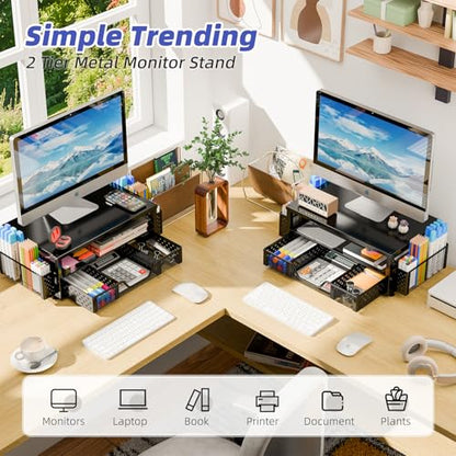 Simple Trending 2-Tier Monitor Stand Riser, Desk Organizer, Drawer, Black | Laptop & Printer Stand, Desktop Organizer, Drawer & 2 Pen Holders, Sturdy Material, for Home Office, 16"W x 10"D x 5.8"H - size: 16"W x 10"D x 5.8"H