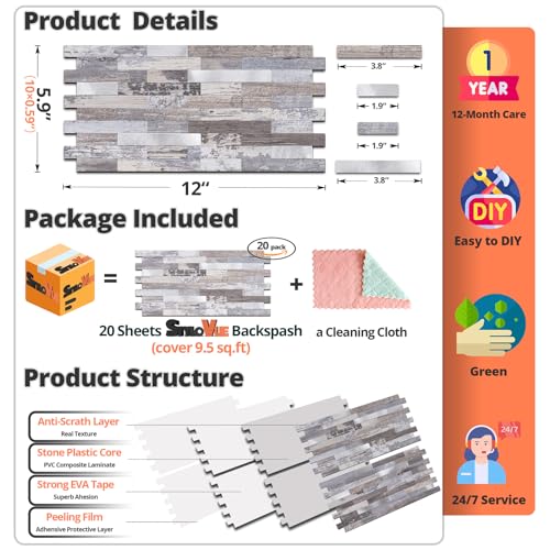 StyloVue 20 Sheets Peel and Stick Backsplash, Distressed Wood with Metal Silver Self Adhesive Wall Tiles Upgrade Your Kitchen Backsplash, RV, Fireplace - color: Distressed Wood With Metal Silver