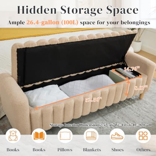 Aoiy & Wifon 63.4" W Large Storage Ottoman Bench, King Size End of Bed Storage Bench with Wood Legs, Upholstered Window Bench for Bedroom, Living Room, Entryway, Teddy Wheat - color: Teddy Wheat