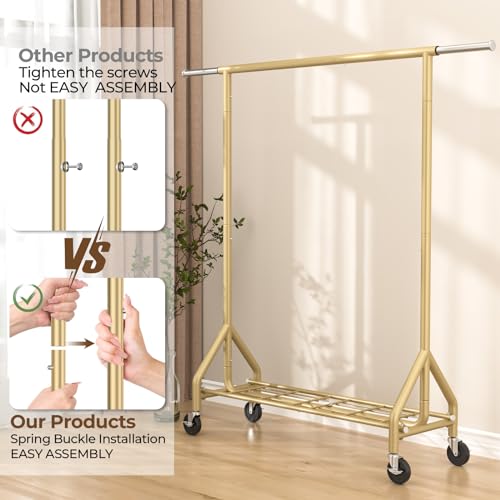 HYSEYY Heavy Duty Clothes Rack Load 450 LBS, Metal Garment Rack, Standing Rolling Clothing Rack for Hanging Clothes with Sturdy Wheels & Shelves, Portable Closet Wardrobe Rack,Gold - color: Gold