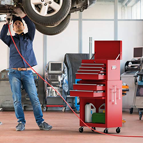 Goplus Tool Chest, 6 Drawers Rolling Tool Cabinet with Detachable Top Toolbox, Universal Lockable Wheels, Protective Liner, Auto Lock, Metal Tool Storage Cart, Tool Box for Garage Workshop - color: Red, style: 6-Drawers