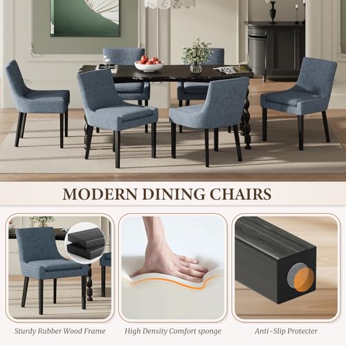 COLAMY Modern Dining Room Chairs Set of 2 with Mid Back and Wood Legs, Upholstered Kitchen Chairs for Dining Room/Living Room, Blue - color: Blue, size: Set of 2