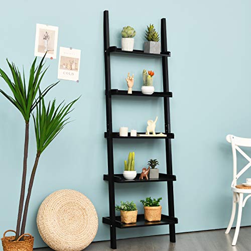 Tangkula 5-Tier Ladder Shelf, Wall-Leaning Bookshelf w/Open Shelves, Plant Flower Stand, Storage Display Organizer Rack, Multifunctional Bookcase for Living Room Home Office (Black) - color: Black