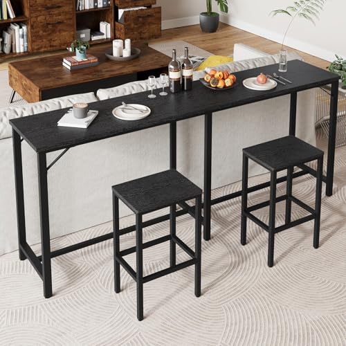 70.9" Bar Table and Chairs Set, Dining Table and Chair Sets, 3 Piece Counter Height Table and 2 Stools, Kitchen Table for Home Restaurant, Bar, Black BT09BB - color: Black