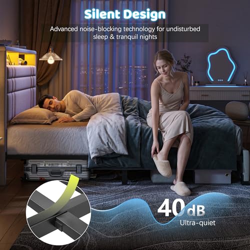 EnHomee Queen Upholstered Bed Frame with Charge Station & LED Lights, Beige | 2-Tier Shelves Headboard, 12" Under-Bed Storage Space, Noise-Free, No Box Spring Needed, Easy Assembly - color: Beige, size: Queen (U.S. Standard)
