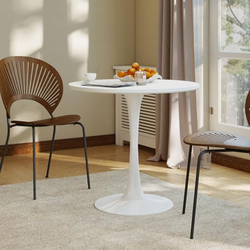 27.5" White Round Small Dining Table with MDF Top & Metal Pedestal Base | Fully Eco-Friendly Painted, Smooth Waterproof Surface, Modern Accent Table for Cafe & Home
