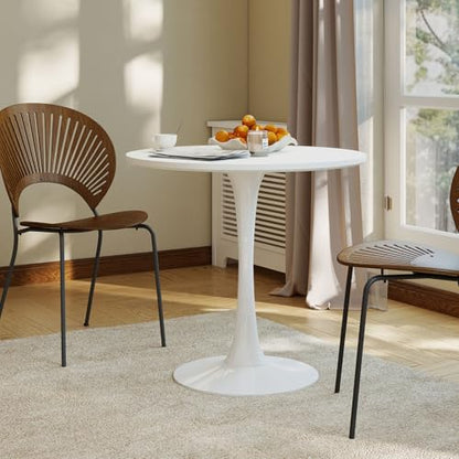 27.5" White Round Small Dining Table with MDF Top & Metal Pedestal Base | Fully Eco-Friendly Painted, Smooth Waterproof Surface, Modern Accent Table for Cafe & Home