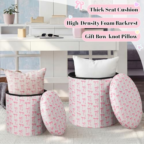 Geetery 2 Pcs Dorm Ottoman with Storage Set Pink Bow Ottoman | Vanity Stool with Storage for Bedroom Coffee Table Small Coquette Foot Stool for Girls Living Room College Dorm Essentials - style: Pink Bow Pattern