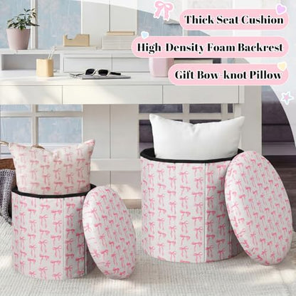Geetery 2 Pcs Dorm Ottoman with Storage Set Pink Bow Ottoman | Vanity Stool with Storage for Bedroom Coffee Table Small Coquette Foot Stool for Girls Living Room College Dorm Essentials - style: Pink Bow Pattern