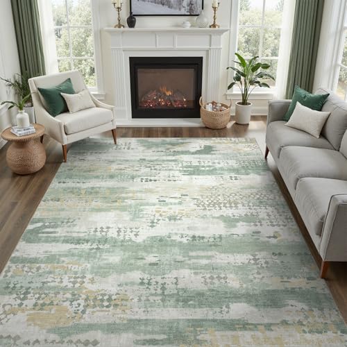 DCX Washable Abstract Area Rug 6x9, Non Slip Low Pile Rug, Sage Green | Easy to clean, non-shedding, soft, kid & pet friendly, with a non-slip rubber backing for living rooms, bedrooms, and offices - color: Green & White, size: 6' x 9' (Rectangular)