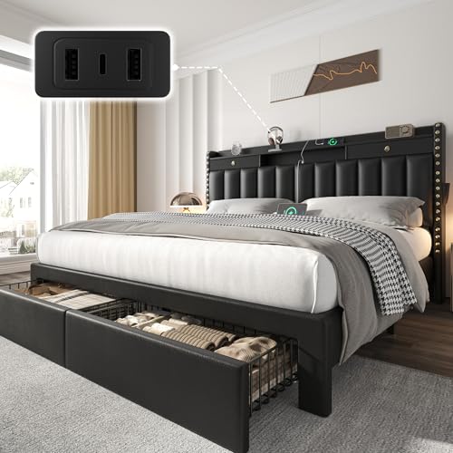 CypBed Queen Bed Frame with Headboard ＆ 4 Storage Drawers & Black | Upholstered Platform Bed Frame with 3 USB & Type-C Charging Ports,Solid Wood Slats,No Box Spring Needed, No-Noise - color: Black, size: Queen