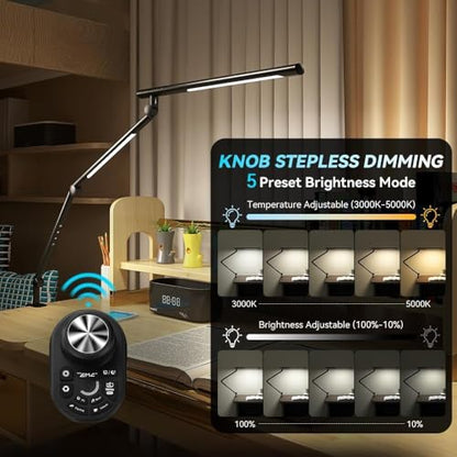 Adjustable LED Desk Lamp Modern Black - Clamp Mount Office Table Light with Desktop Remote Control, Adjustable Brightness & Color Temperature, 5 Lighting Modes for Reading, Computer, DIY
