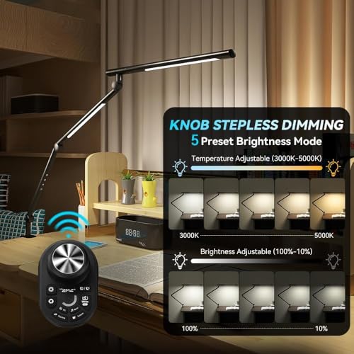 Adjustable LED Desk Lamp Modern Black - Clamp Mount Office Table Light with Desktop Remote Control, Adjustable Brightness & Color Temperature, 5 Lighting Modes for Reading, Computer, DIY