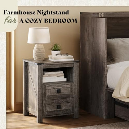 AMERLIFE Farmhouse Wood Nightstand Set of 2, End Table with Drawers, Grey | Narrow/Small 18" Bedside Table with Open Shelf, Wooden Night Stand for Bedroom/Home Office, Rustic Grey Oak - color: Rustic Grey