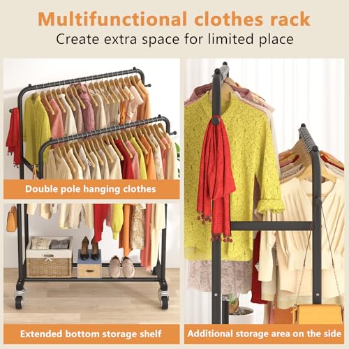 Laiensia Double Rods Garment Rack with Wheels, Clothing Rack for Hanging Clothes,4 Hooks, Multi-functional Bedroom Clothes Rack, Black - color: Black