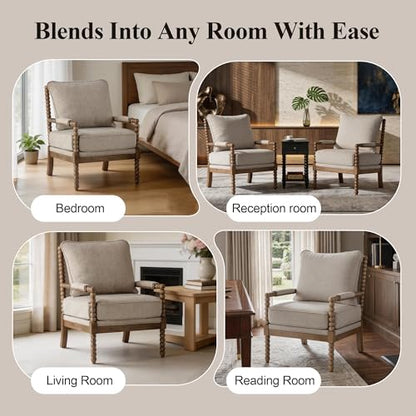 DUHOME Linen Fabric Spindle Accent Chair with Wood Frame,Modern Accent Chairs with Padded Spring Seat and Brushed White Base for Living Room Bedroom Farmhouse Home Office Belcony - color: Brown+cream, size: 1 pc