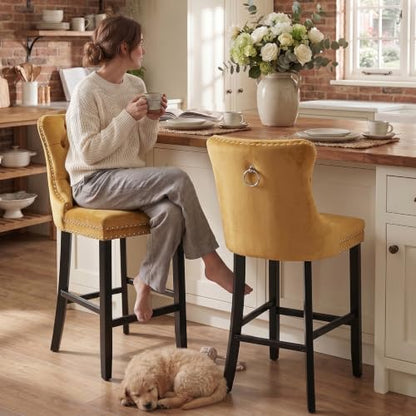 Modern Velvet Upholstered Bar Stools Set of 2 with Wood Legs, Button Tufted,Chrome Nailhead, Counterstool Seat, Armless Bar Chairs (Gold) - color: Gold, size: Set of 2