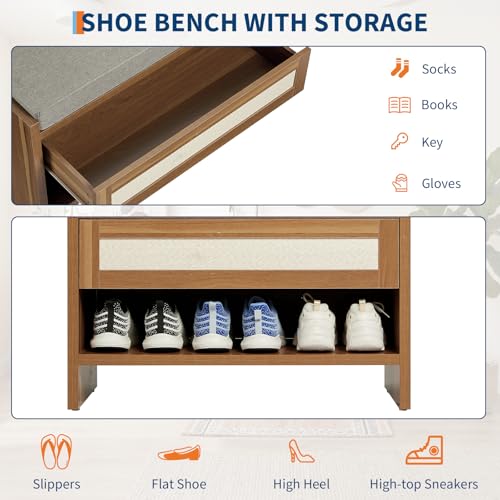 Rattan Drawer Shoe Bench with Soft Cushioned Seat for Hallway | Entryway Storage Shoe Stool - color: Caramel Oak
