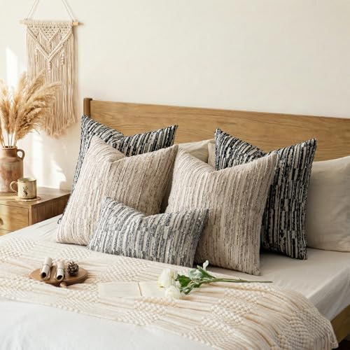 a moment Boho Striped Decorative Throw Pillow Covers 18"X18" Set of 2,Beige | Rustic Farmhouse Pillow Cases,Aesthetic Modern Home decor,Couch Cushion Covers,For Bed Sofa Living Room - color: Beige, size: 18" x 18" (Pack of 2)
