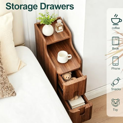 FurSch Narrow Nightstand, Wooden 2 Drawer, Walnut, 1 pc - color: Walnut 3-1 Pc