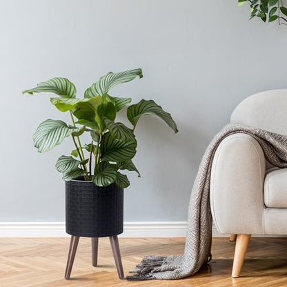 D'vine Dev Planter Pot with Wood Stand, 10 in, Matte Black, 88-Z-B-2 | Mid-Century Modern Style, Elevated Plant Display, Drainage Hole and Plug, Functional & Stylish, Modern Indoor Planter - color: Matte Black, size: Medium
