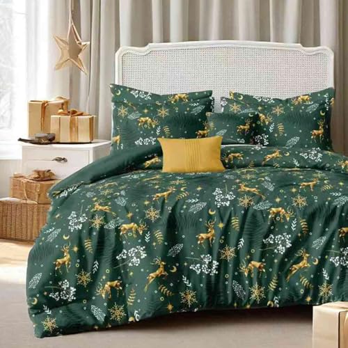 Faincy Duvet Cover Queen Size - Green Christmas Elk Deer Gold Snowflake White Floral Leaf Pattern Reversible Soft Microfiber Comforter Cover - New Year Gift Modern Bedding Set for Women Men 3Pcs 90X90 - color: Green Elk Deer (Only Cover), size: Queen