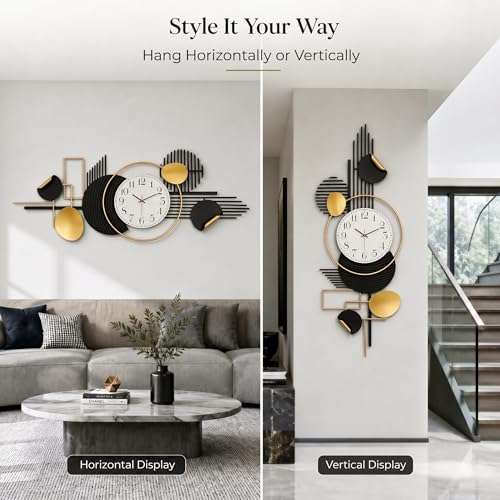 HAVFIFK 59" Large Metal Wall Clock,3D Silent Clock for Living Room | Layered Geometric Design, Easy to Install, Vertical or Horizontal Hanging Wall Art Decor for Bedroom, Dining Room, Office.