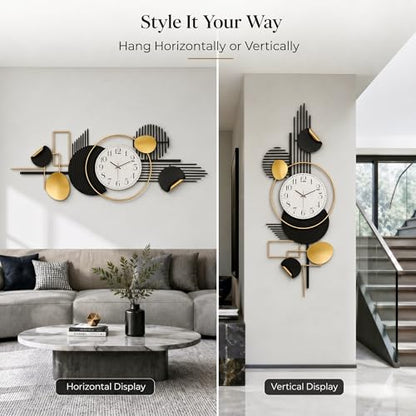 HAVFIFK 59" Large Metal Wall Clock,3D Silent Clock for Living Room | Layered Geometric Design, Easy to Install, Vertical or Horizontal Hanging Wall Art Decor for Bedroom, Dining Room, Office.