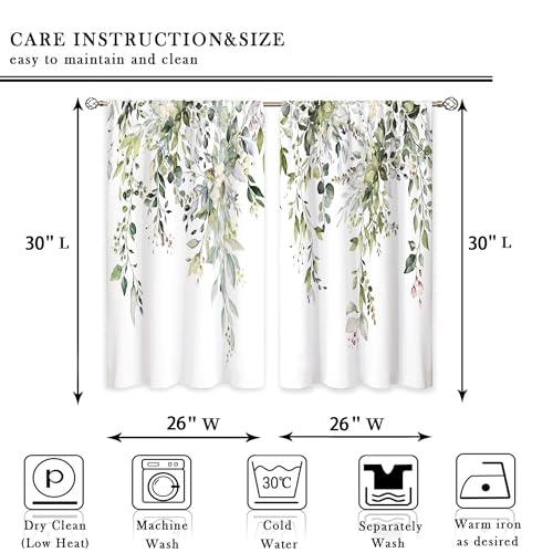 Eucalyptus Botanical Leaves Floral Kitchen Window Curtains Over Sink Farmhouse Flower Leaf Small Window Treatment Sage Green Cafe Short Curtains for Bathroom Treatment Tier Drapes 26x30 inch - color: 01 Sage Green, size: 26"W x 30"L (Pack of 2)