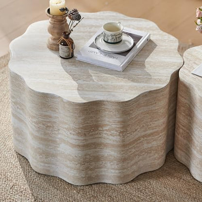 Nesting Coffee Table Set of 2, Modern Wood Center Table for Living Room, Faux Mars Pattern Side Table Accent End Table for Apartment Office, No Need Assembly (26.7"& 23.6") - color: 26.7"& 23.6" Beige Brown
