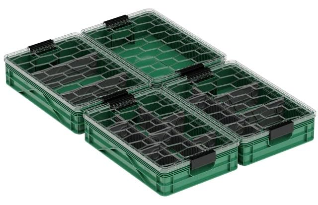 Quarter Crate 4-Pack Stackable Storage Bins, Optic Green | Polypropylene, 14 dividers included, 19.16x12.75x4.57 in, over 1000 lb stack, lids sold separately - color: Optic Green