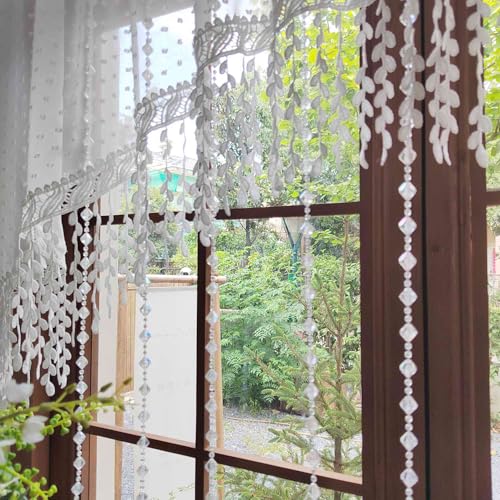 White Arched Sheer Valance Boho Pompom Short Curtain Tier Crystal Beads 1PC | For Doorways Tassels Swag Curtain Room Divider Dining Room Glass Door Rod Pocket (W59 X L43 INCH,White) - size: 59"W x 43"L (Pack of 1)