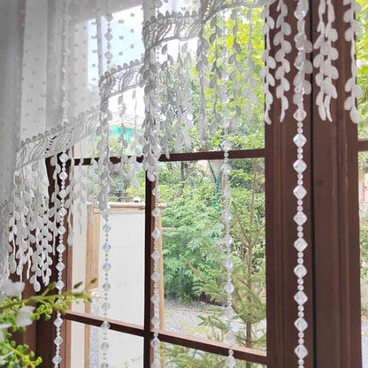 White Arched Sheer Valance Boho Pompom Short Curtain Tier Crystal Beads 1PC | For Doorways Tassels Swag Curtain Room Divider Dining Room Glass Door Rod Pocket (W59 X L43 INCH,White) - size: 59"W x 43"L (Pack of 1)