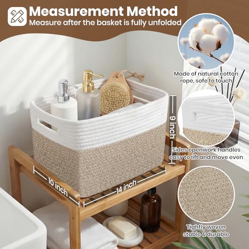Storage Baskets for Organizing, 14 x 10 x 9” Closet Shelf Woven Baskets, Square Bins with Handles, Cotton Rope Basket for Clothes, Office, Room, White+Rice Brown 1 Pack - color: White+Rice Brown, size: 1pc