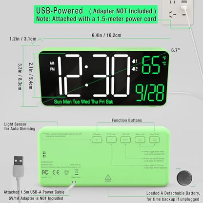 Digital Clock for Bedroom, 6.7in Desk Clock, Auto Dimming, Room Temperature, Day of The Week, Date, Seconds, Clocks for Living Room, Alarm Clocks for Bedrooms - color: Green (White + Green Digits)