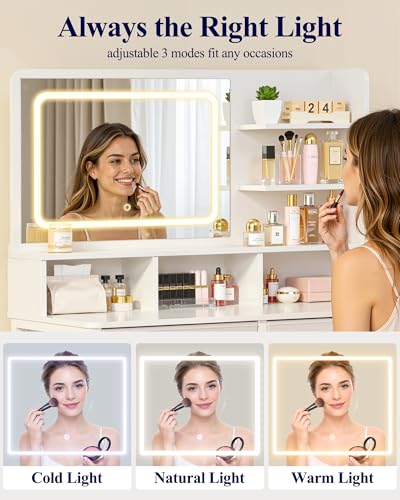 Kitsure 31.5" W Small Vanity Desk with Mirror and Lights, 2 Fabric Drawers | Bedroom, Gifting, Makeup Vanity, 6 Open Shelves, 3 Lighting Modes, Stable Frame, White