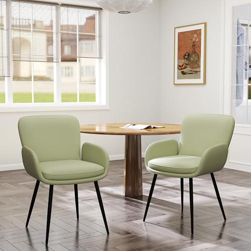 VKNOW Modern Faux Leather Dining Chairs Set of 2 with Armrest, Green | Armed Dining Room Chairs with Metal Legs, Kitchen Chairs for Restaurant Kitchen Living Room - color: Green-leather, size: Set of 2