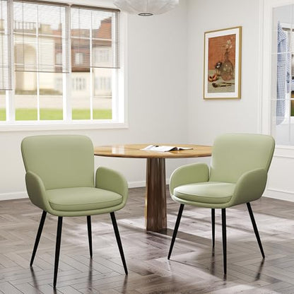 VKNOW Modern Faux Leather Dining Chairs Set of 2 with Armrest, Green | Armed Dining Room Chairs with Metal Legs, Kitchen Chairs for Restaurant Kitchen Living Room - color: Green-leather, size: Set of 2