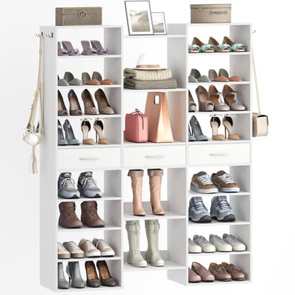 Tall Shoe Rack, 9 Tiers Large Shoe Cabinet with Fabric Drawers, Holds up to 44 Pairs, Modern Entryway Shoe Shelves Organizer with 21 Open Cubbies, Wooden Shoe Rack for Closet, Hallway, White