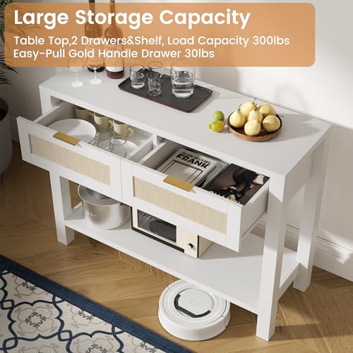 Boho Chic Console Table with 2 Rattan Drawers and Open Shelf Storage, Narrow Farmhouse Sofa Table for Small Space, Entryway, Hallway, Living Room,White - color: White