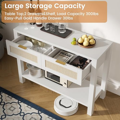 Boho Chic Console Table with 2 Rattan Drawers and Open Shelf Storage, Narrow Farmhouse Sofa Table for Small Space, Entryway, Hallway, Living Room,White - color: White