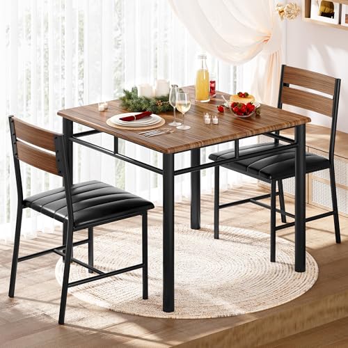 IRONCK Dining Table Set for 2, Walnut | Small Kitchen Table with Upholstered Chairs, Compact Dining Set for Small Spaces, Kitchen & Dining Room - color: Walnut