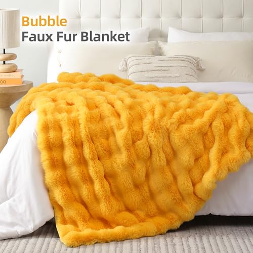 Faux Fur Throw for Couch - Mustard Yellow Bubble Blanket 60"x80" | Fluffy Plush Fuzzy Throw for Sofa & Bed, Super Soft Cozy Comfrt Blanket, Luxury Aesthetic Yellow Decor Gift for Women - color: Mustard Yellow, size: Twin(60" x 80")