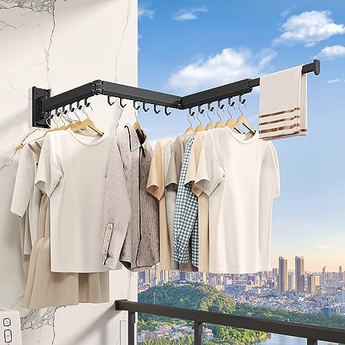 Wall Mounted Tri-Fold Clothes Drying Rack, Heavy Duty Collapsible Laundry Drying Rack, Space-Saving Retractable Foldable Drying Rack Clothes for Laundry Room Balcony Bathroom,Black-Hooks - style: Black-Hooks